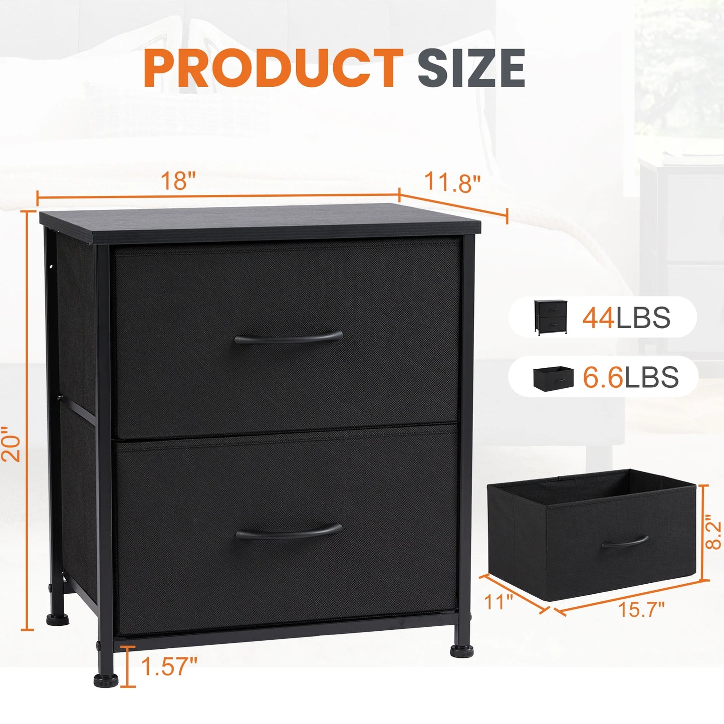 Nightstand Bedside Storage  2 Fabric Drawers Cabinet Furniture