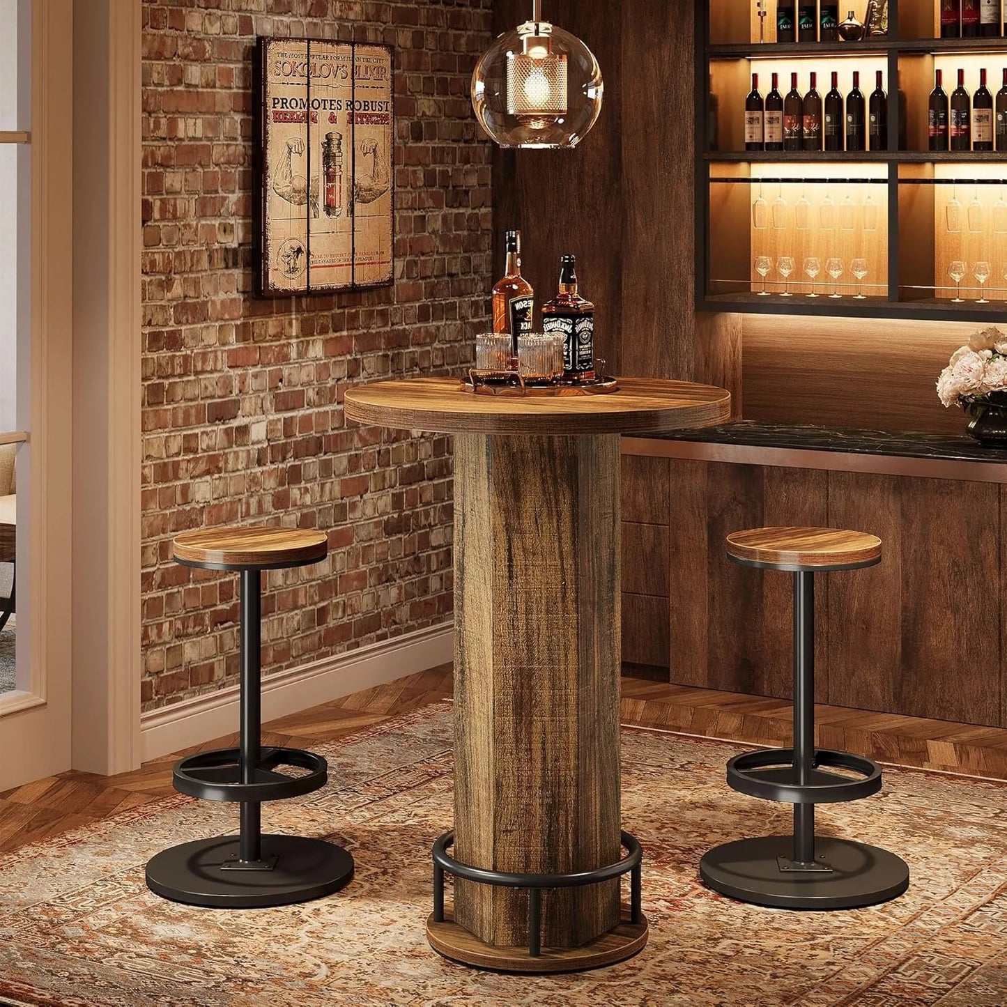 LITTLE TREE Round Bar Table with 2 barstools, Metal Ring Footrest