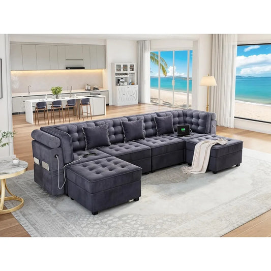 U-Shaped Sectional Convertible Sofa with Storage, 6-Seat