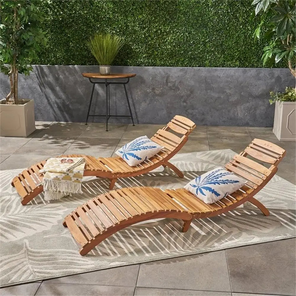 Natural Yellow Wood Outdoor Chaise Lounge Set, 2-Piece Folding