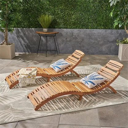 Natural Yellow Wood Outdoor Chaise Lounge Set, 2-Piece Folding