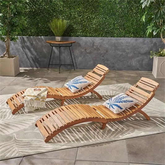 Natural Yellow Wood Outdoor Chaise Lounge Set, 2-Piece Folding