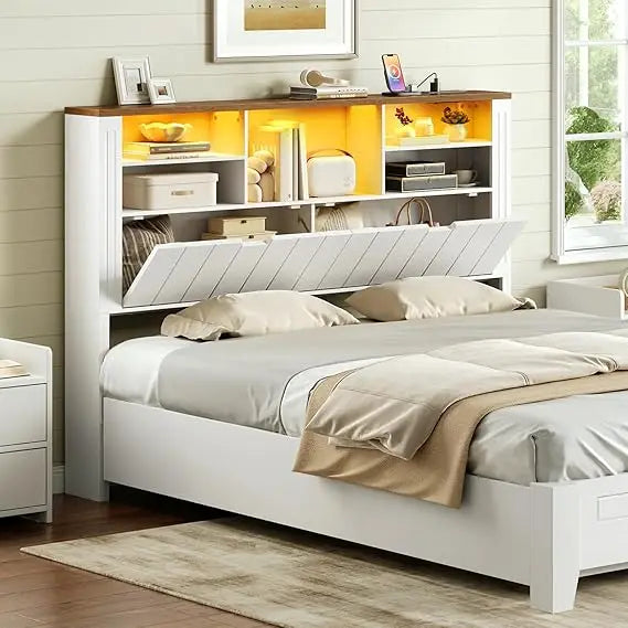 Queen Only, Bookcase Headboards with Charging Station and LED Lights