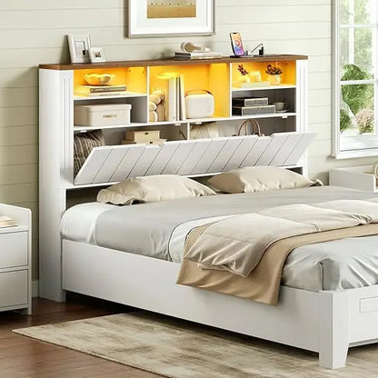 Queen Only, Bookcase Headboards with Charging Station and LED Lights
