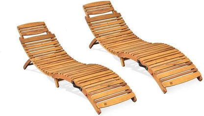 Natural Yellow Wood Outdoor Chaise Lounge Set, 2-Piece Folding