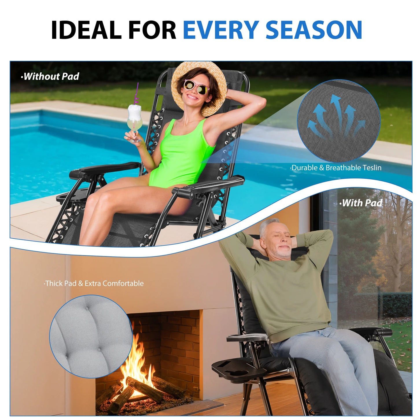 Zero Gravity Cushioned Lounge Chair Outdoor Folding Padded Cup Holder