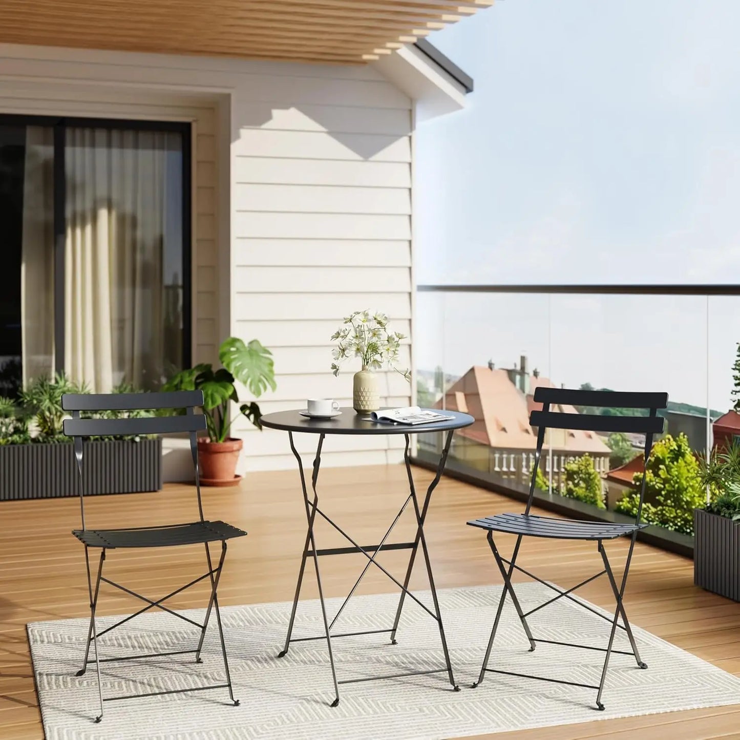 3Pcs Patio Bistro Set, Metal Frame Space-Saving Folding Table and Chairs