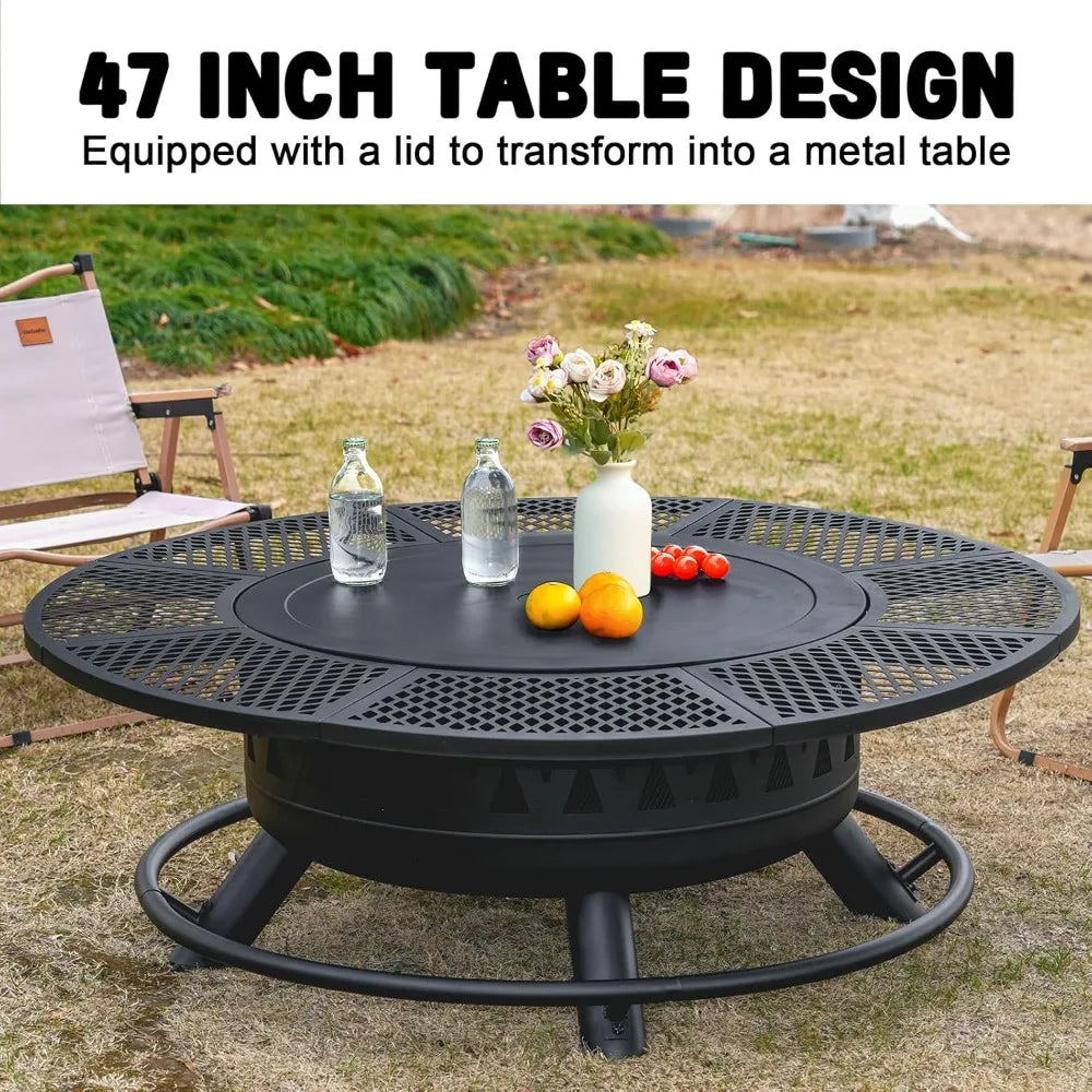 47 Inch Fire Pit with 2 Grills, Outdoor Extra Large Firepits for Outside,