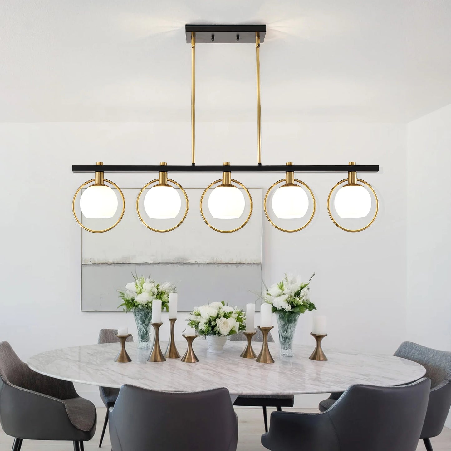 5-Light Adjustable Chandelier with Glass Shades Black Metal
