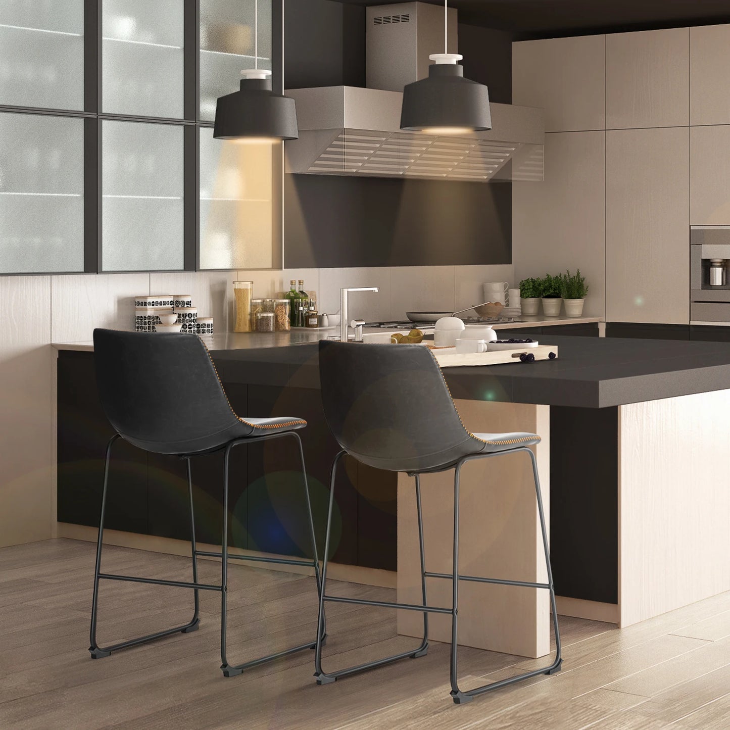Pu Leather Bar Stools Set of 2 Counter Height Modern Stool