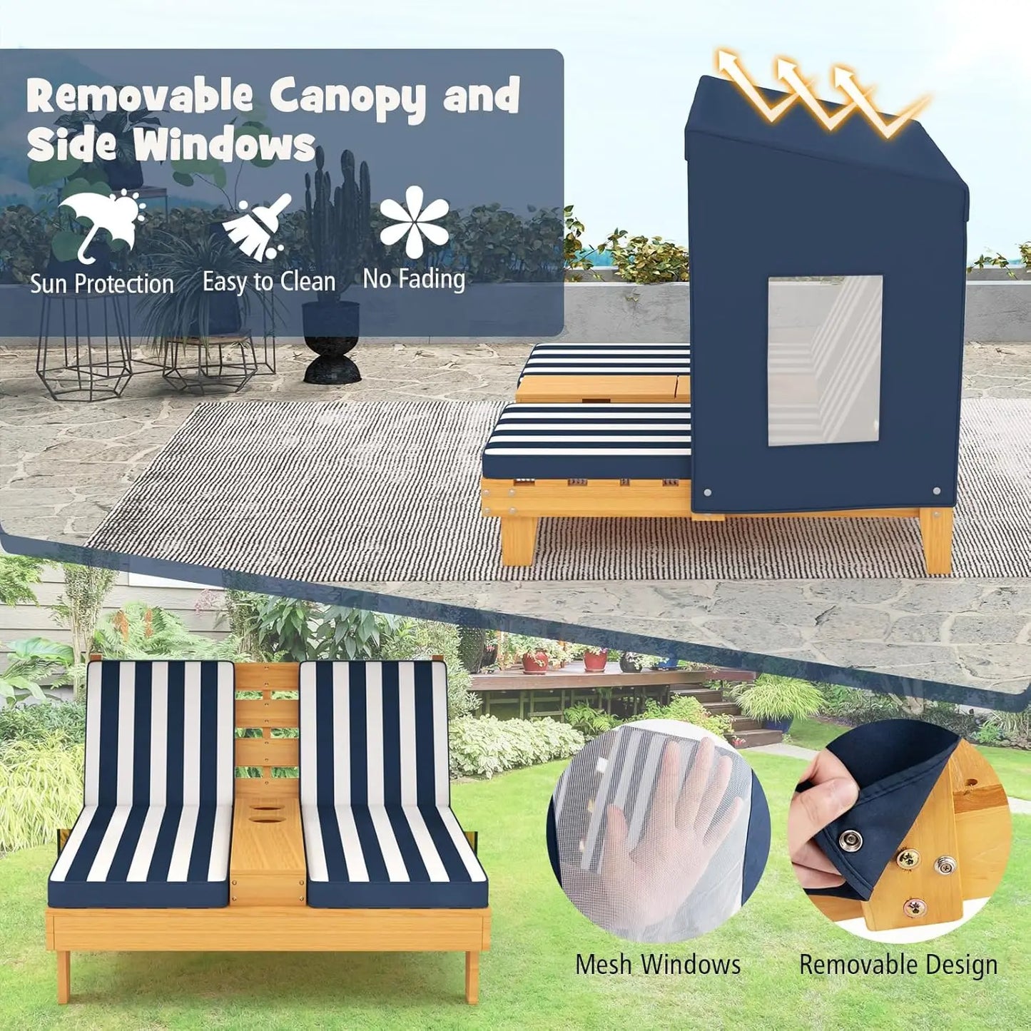 Kids Chaise Lounge Chair Outdoor, Toddler Wood Double Pool Lounger