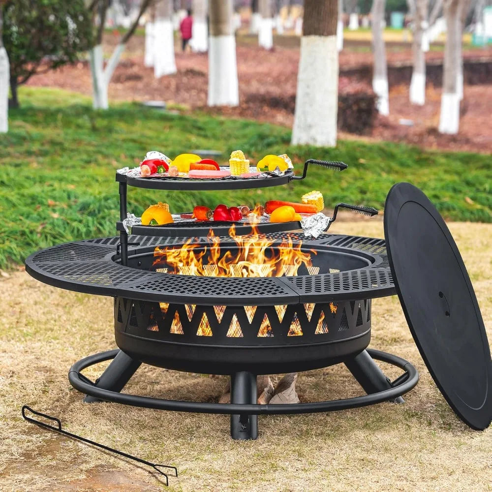 47 Inch Fire Pit with 2 Grills, Outdoor Extra Large Firepits for Outside,