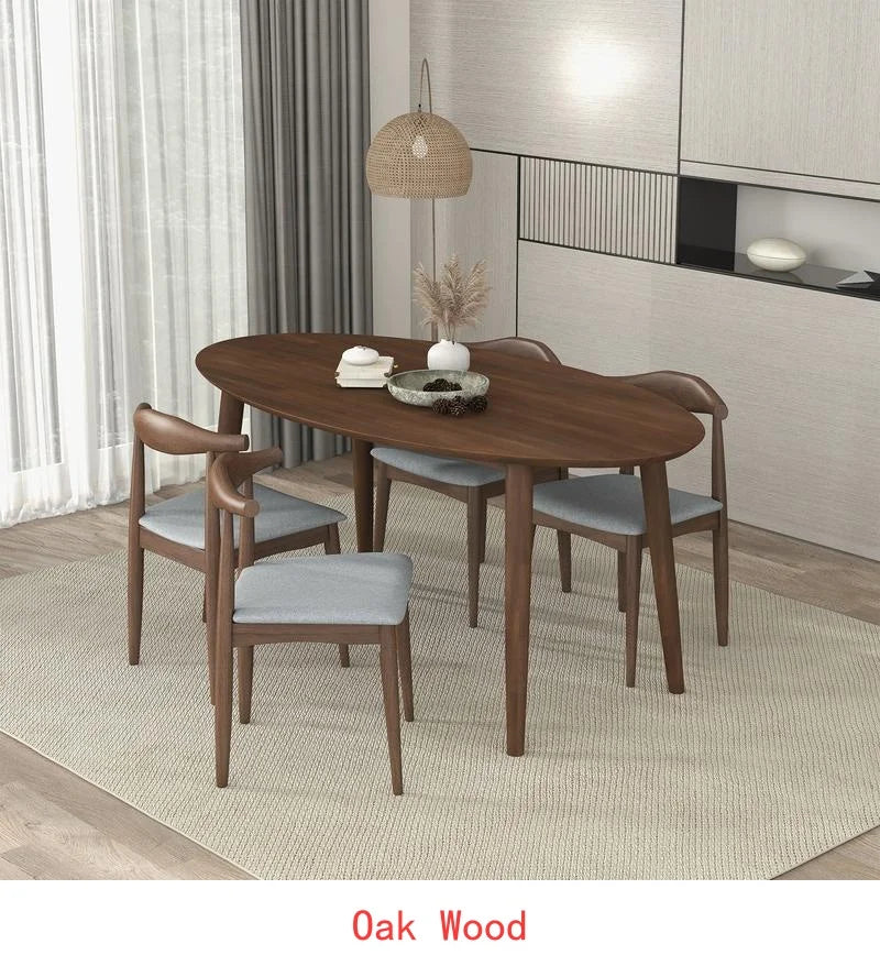Solid Wood Walnut Oval Dining Table with 4 Chairs Set