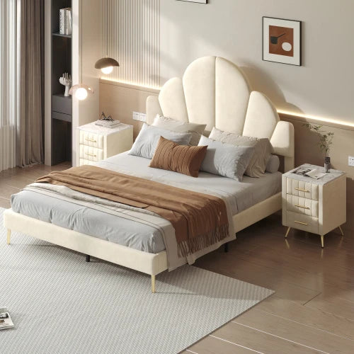 3 Pieces Queen Size Modern Velvet Upholstered Bed Frame