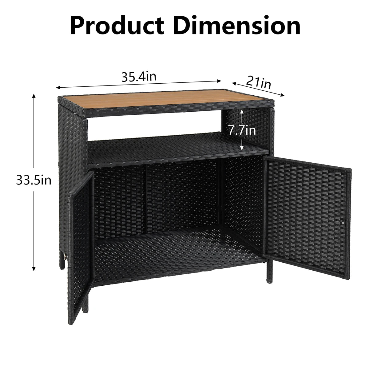 Weatherproof Outdoor Wicker Bar Table Storage Cabinet Double Doors & Shelves