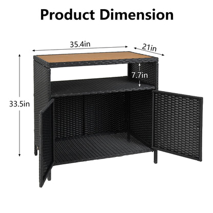 Weatherproof Outdoor Wicker Bar Table Storage Cabinet Double Doors & Shelves