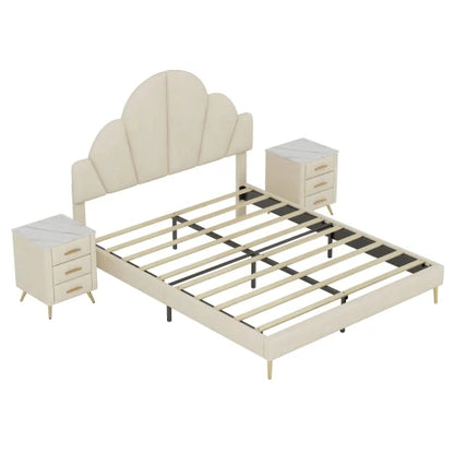 3 Pieces Queen Size Modern Velvet Upholstered Bed Frame
