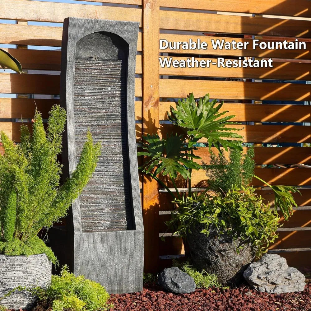 Modern Indoor Curved Faux Slate Waterfall Fountain with LED Lighting,