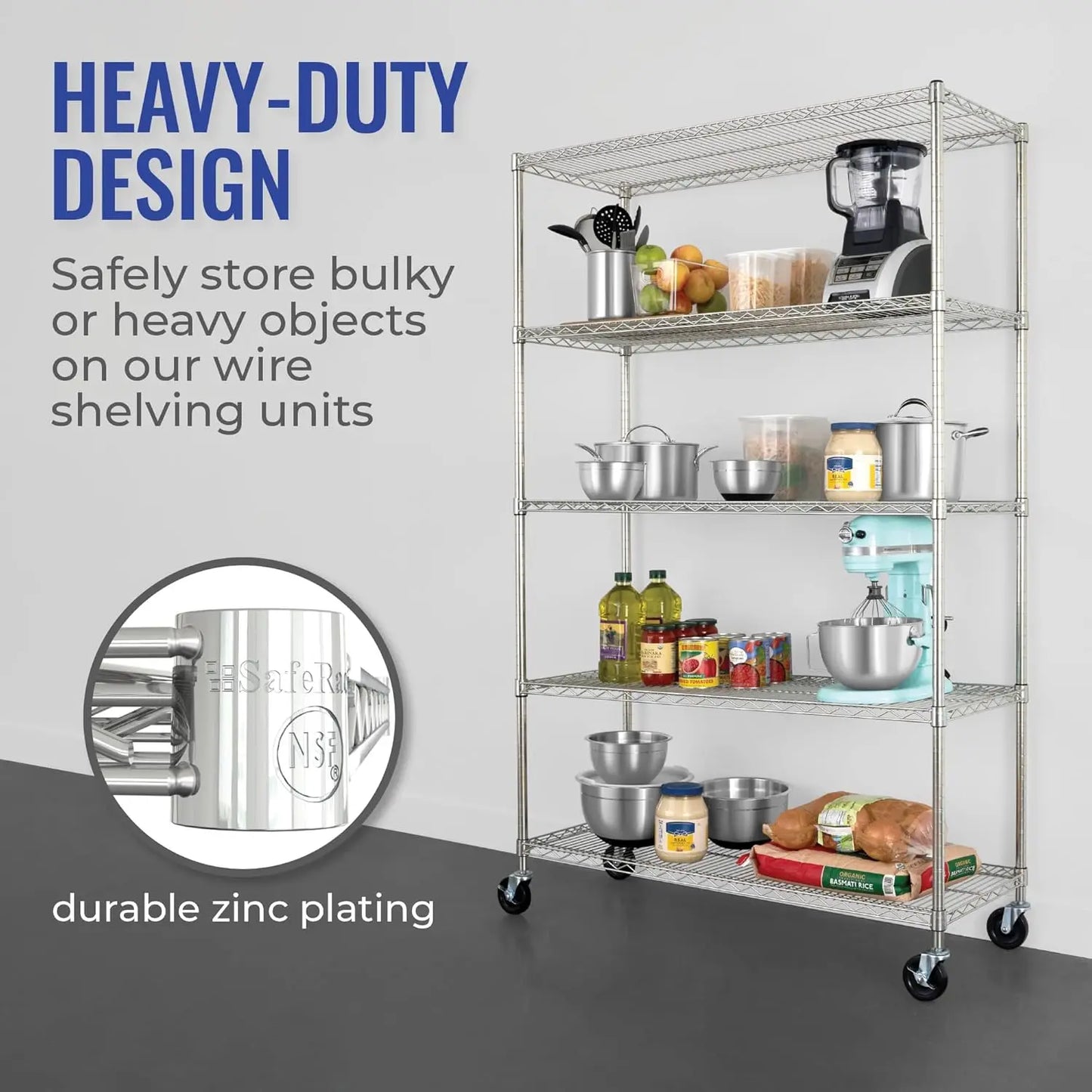 Storage Shelves, Zinc, Heavy Duty Steel Wire Unit with Wheels
