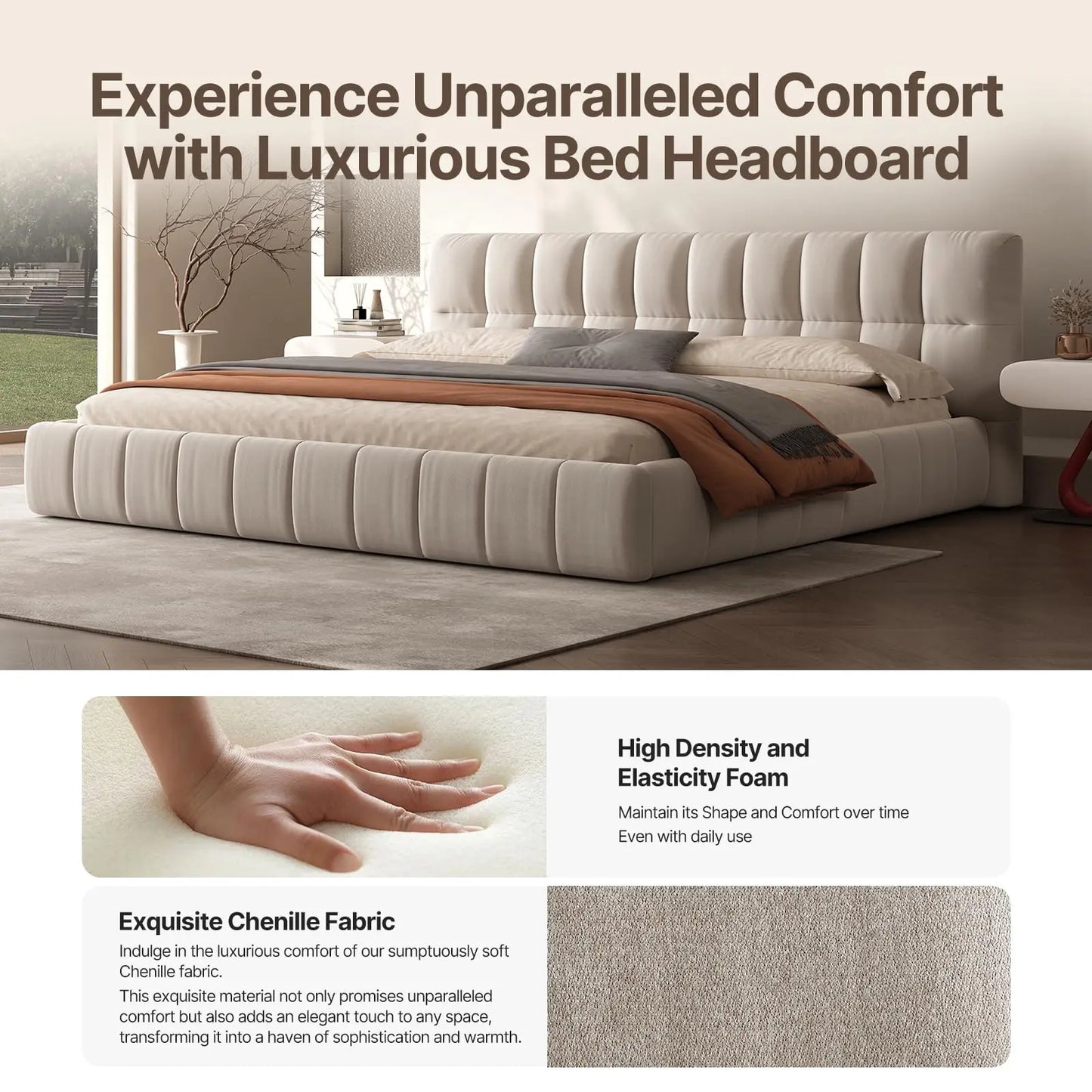 Queen Cloud Platform Bed with 38.5-inch Extra-Thick Soft Headboard, Cream