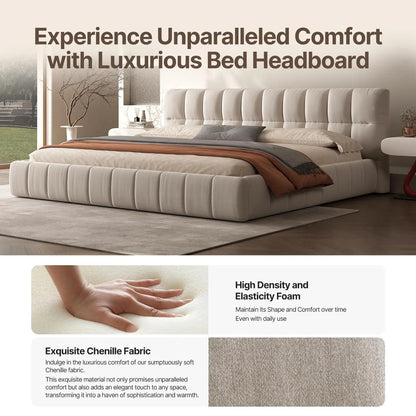 Queen Cloud Platform Bed with 38.5-inch Extra-Thick Soft Headboard, Cream