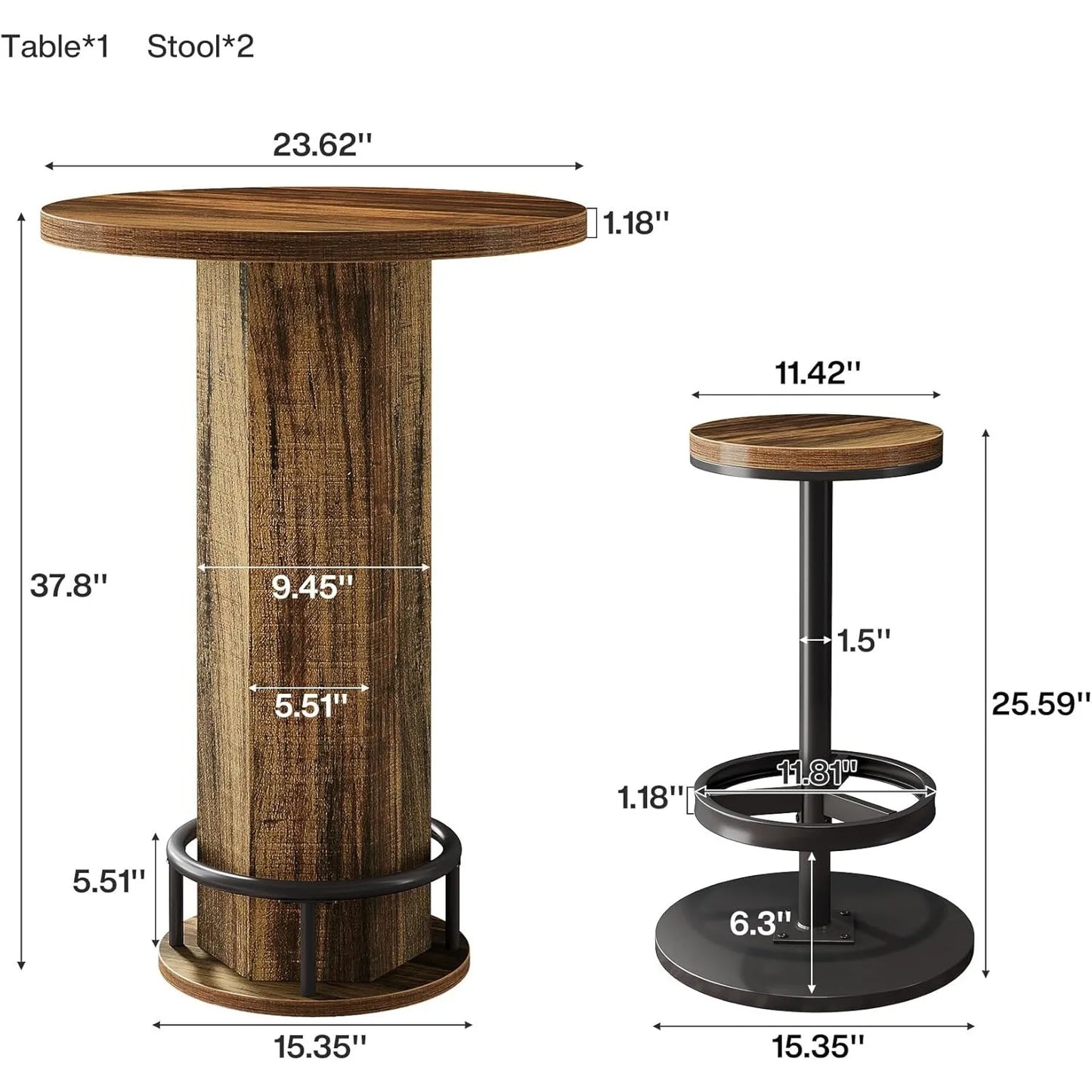 LITTLE TREE Round Bar Table with 2 barstools, Metal Ring Footrest