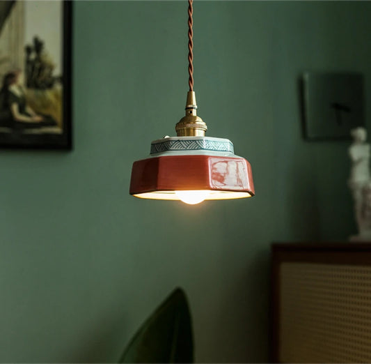 Vintage LED Pendant Light Freehand Painting Ceramic Copper