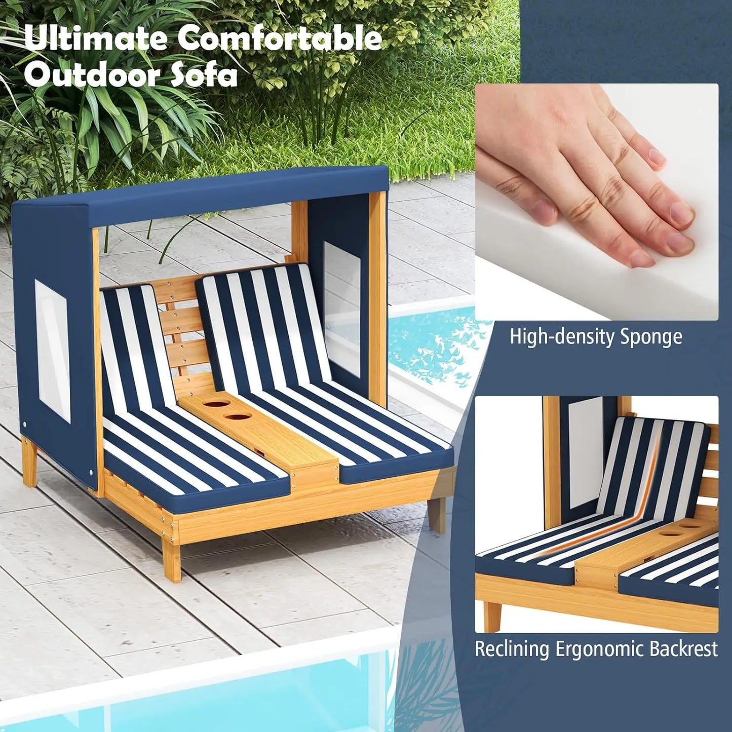 Kids Chaise Lounge Chair Outdoor, Toddler Wood Double Pool Lounger