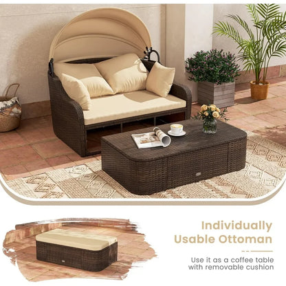 Outdoor Daybed with Retractable Canopy - PE Rattan Double Chaise Lounge