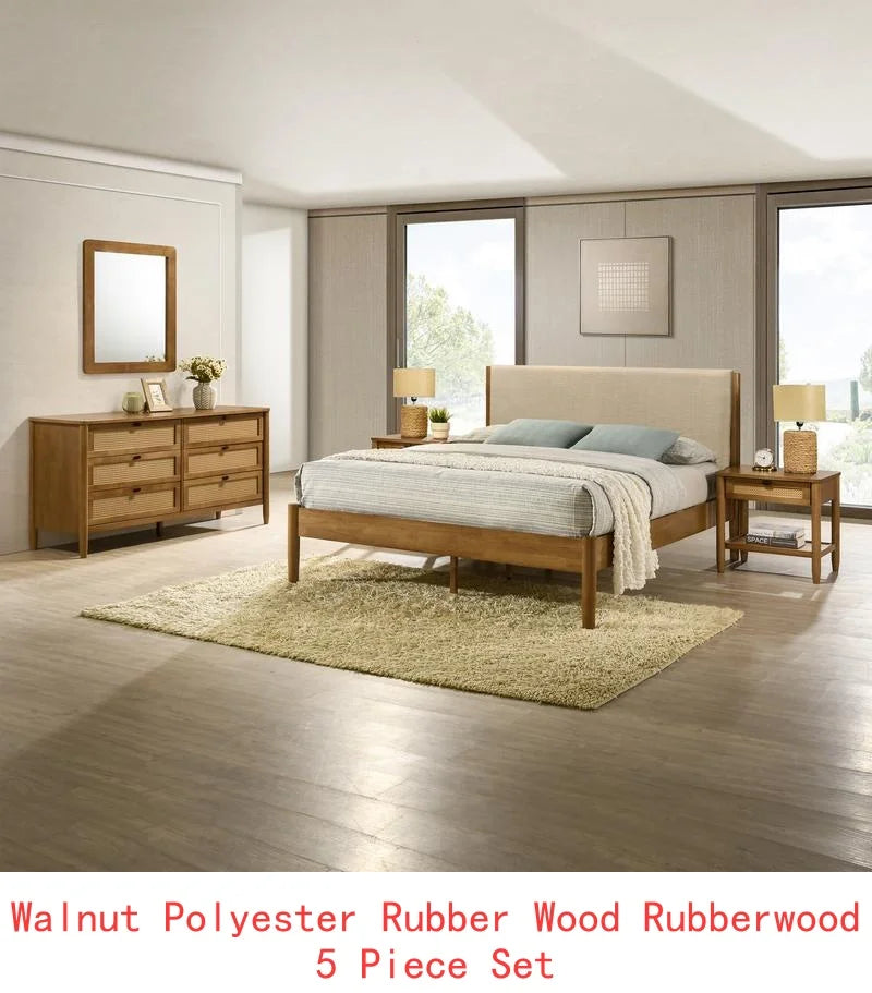 5-Piece Bedroom Set Upholstered Queen Bed, Dresser, Mirror & 2 Nightstands