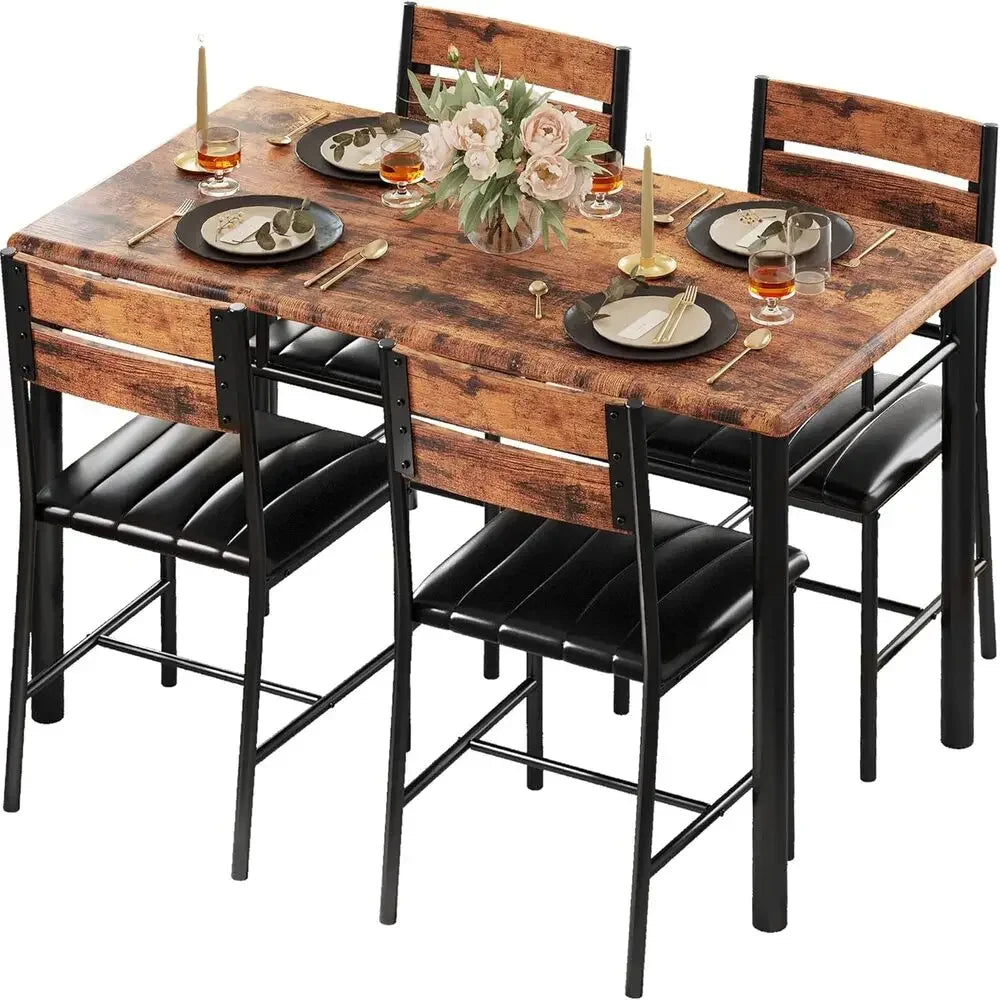 Dining Table Set for 4, Wood Kitchen Table/Upholstered Chairs , Rustic Brown