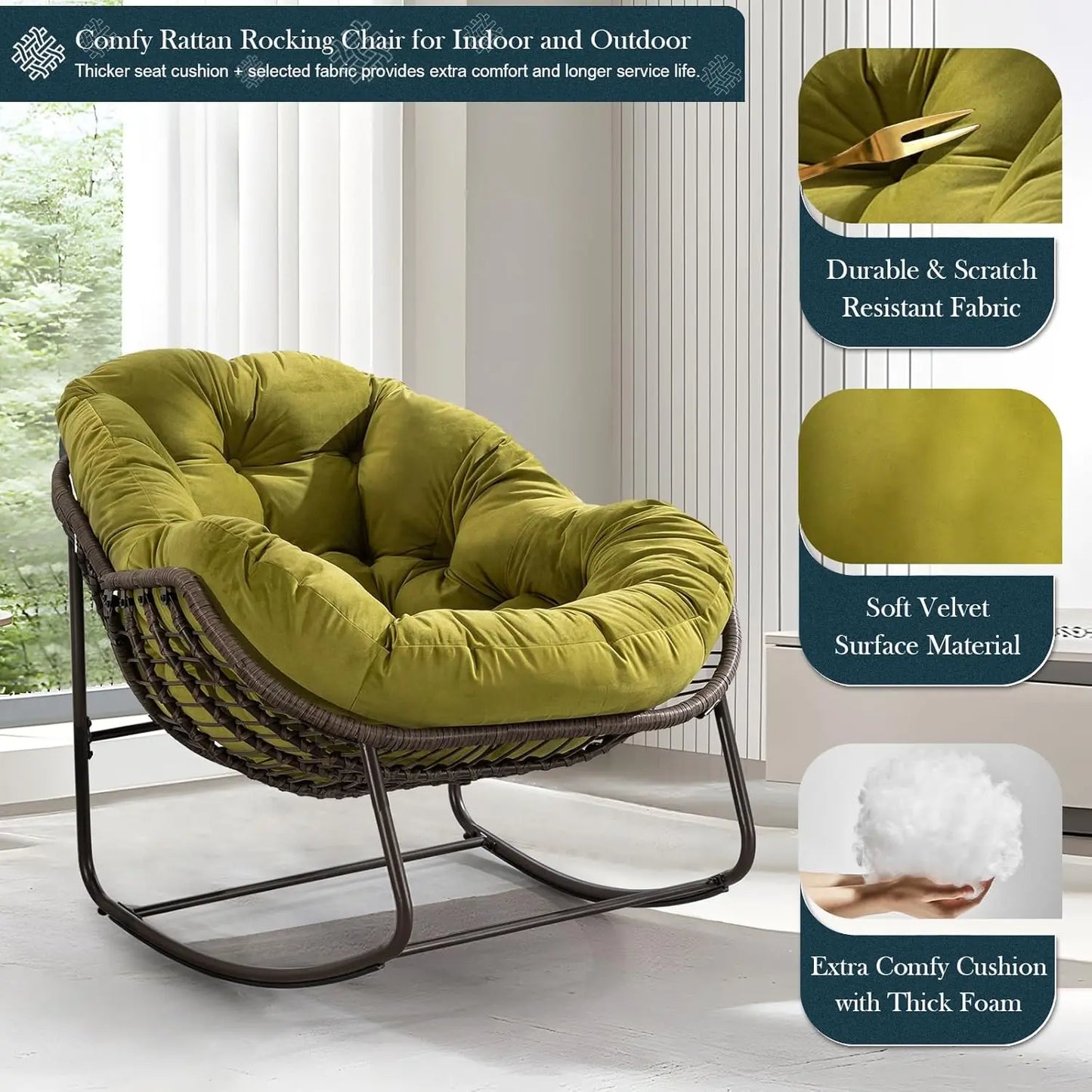 Oversized Rattan Egg Rocking Chair Padded Cushion Indoor Outdoor