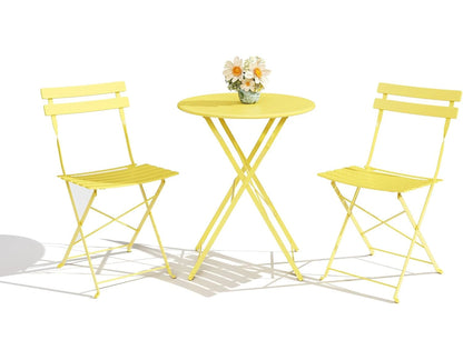 3Pcs Patio Bistro Set, Metal Frame Space-Saving Folding Table and Chairs