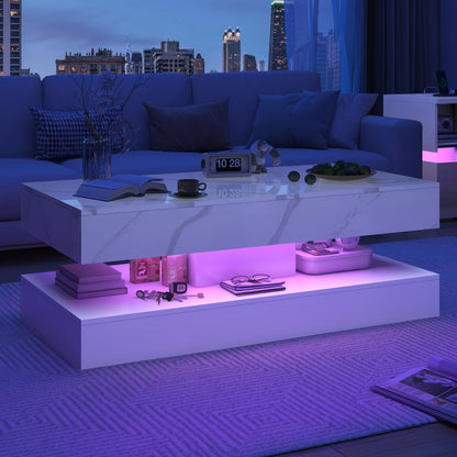 Modern Double-Layer Coffee Table with LED lights, 2 Storage Drawers