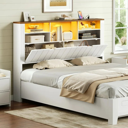 Queen Only, Bookcase Headboards with Charging Station and LED Lights