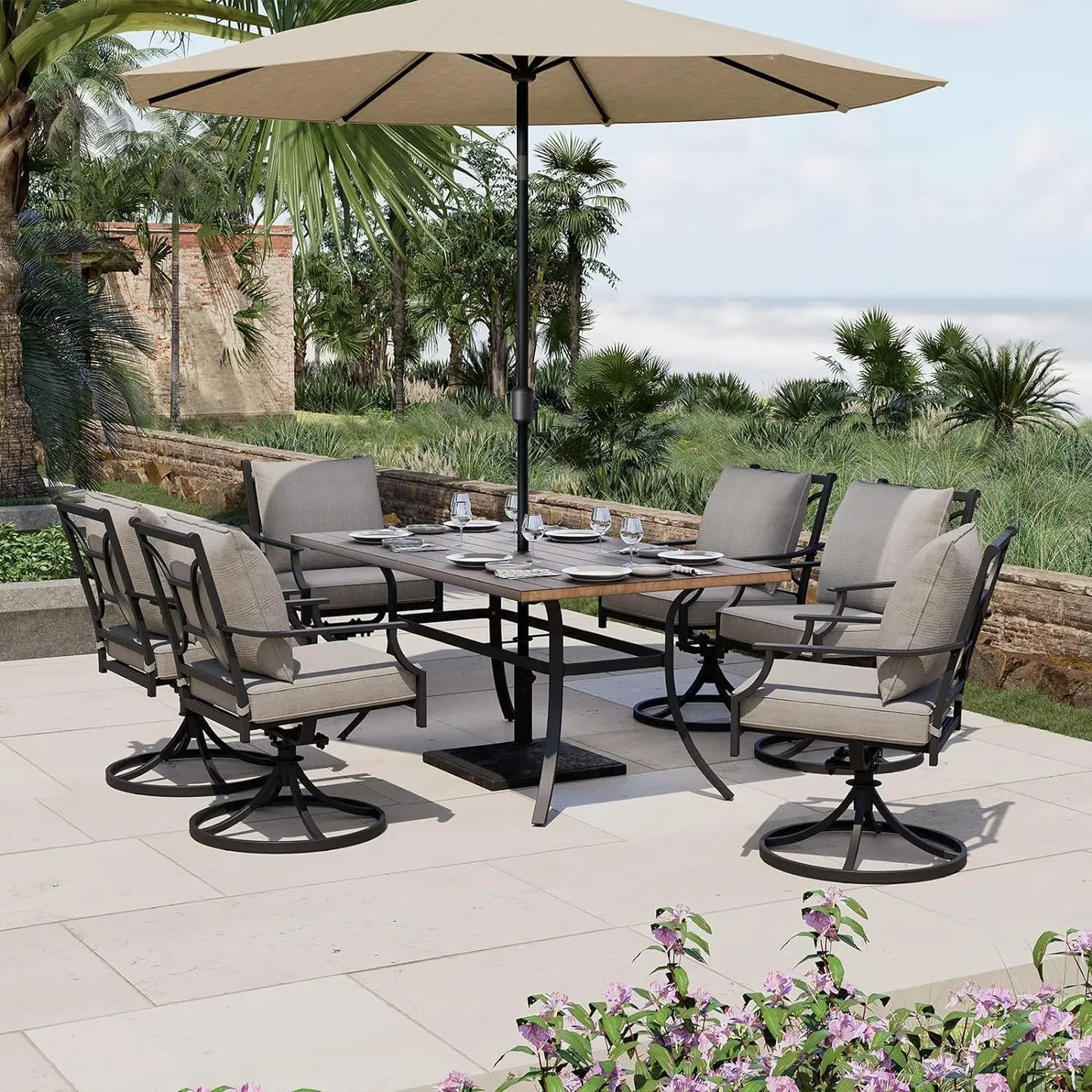 7-Piece Patio Dining Set for 6, Outdoor Swivel Chairs with Olefin Cushions