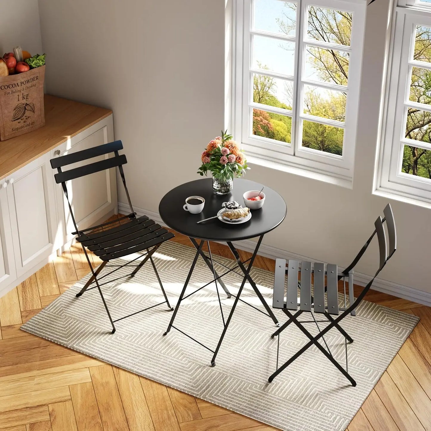 3Pcs Patio Bistro Set, Metal Frame Space-Saving Folding Table and Chairs