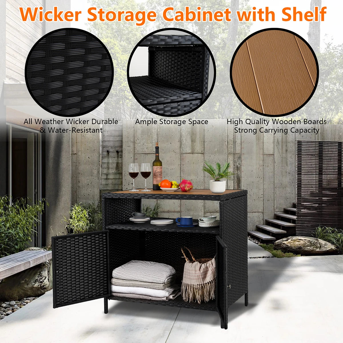Weatherproof Outdoor Wicker Bar Table Storage Cabinet Double Doors & Shelves