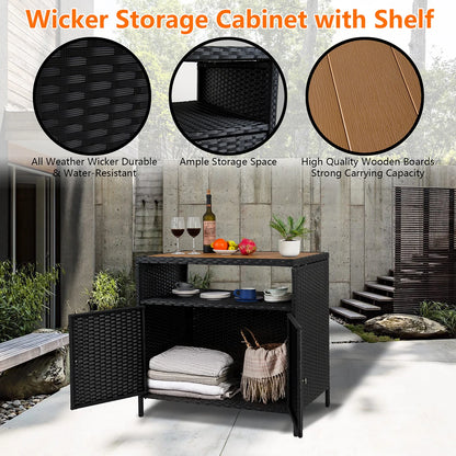 Weatherproof Outdoor Wicker Bar Table Storage Cabinet Double Doors & Shelves