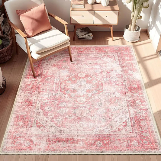 3x5 Feet Washable Bohemian Area Rug Light Pink Floral