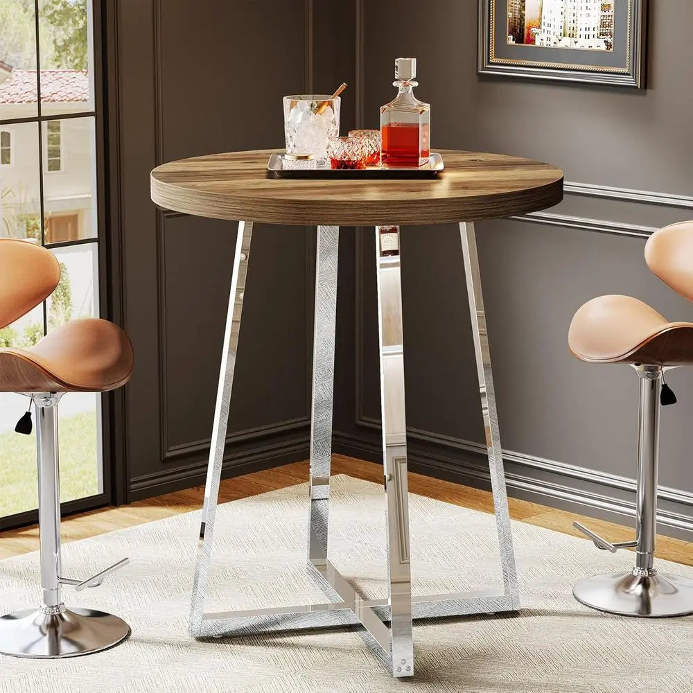 Round Bar Table, 40.2" High Bistro Pub Table with Crossed Metal Legs,