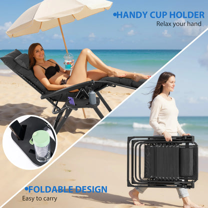 Zero Gravity Cushioned Lounge Chair Outdoor Folding Padded Cup Holder