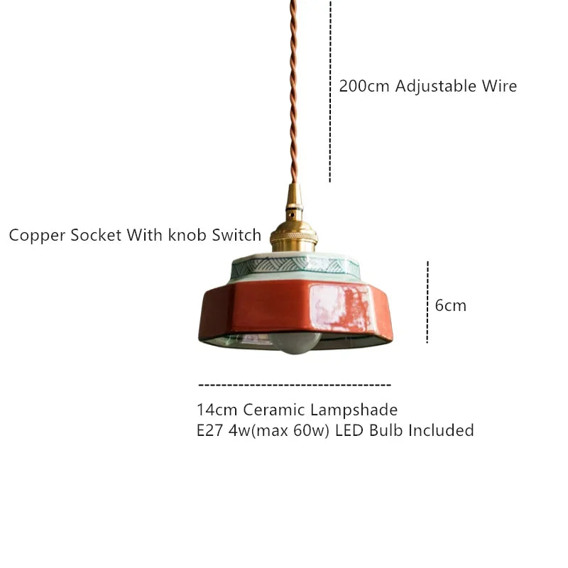 Vintage LED Pendant Light Freehand Painting Ceramic Copper