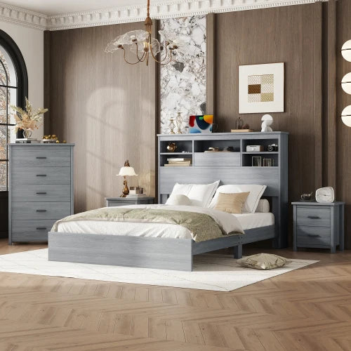 4-Pieces Queen Vintage Wooden Bed Frame with 2 Nightstands