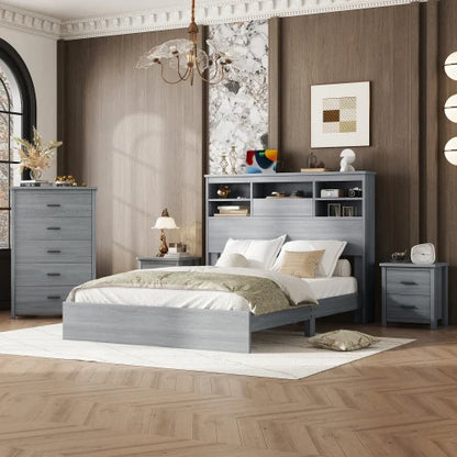 4-Pieces Queen Vintage Wooden Bed Frame with 2 Nightstands