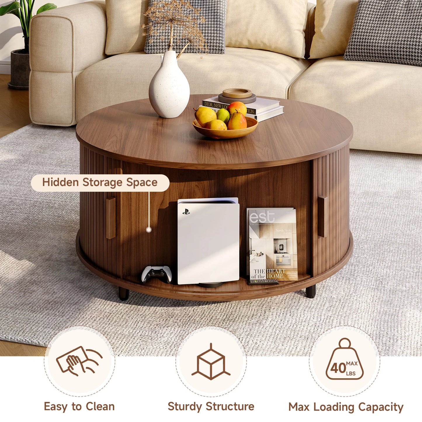 Round Coffee Table Modern 360° Curved Sliding Door, Fluted Wood