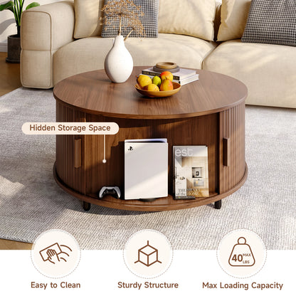 Round Coffee Table Modern 360° Curved Sliding Door, Fluted Wood