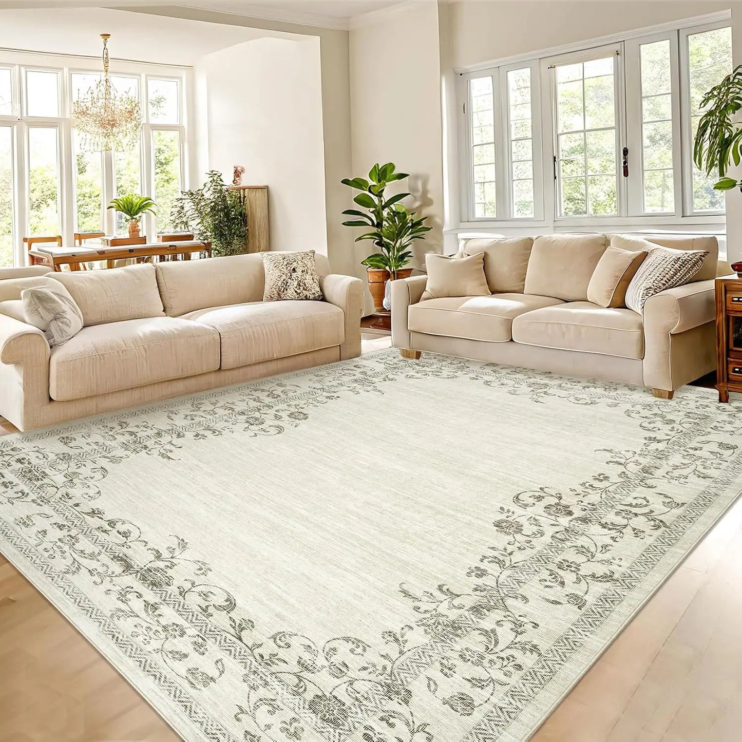 Washable Area Floral Bordered Large Rug Soft Carpet