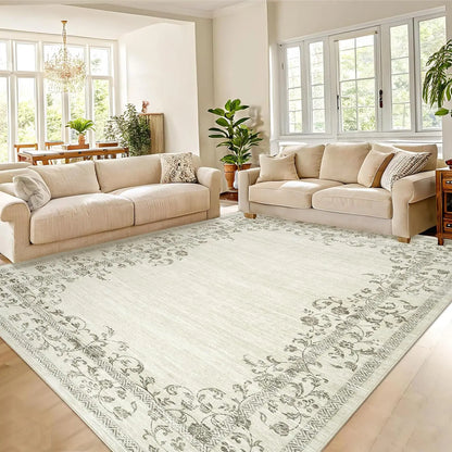 Washable Area Floral Bordered Large Rug Soft Carpet