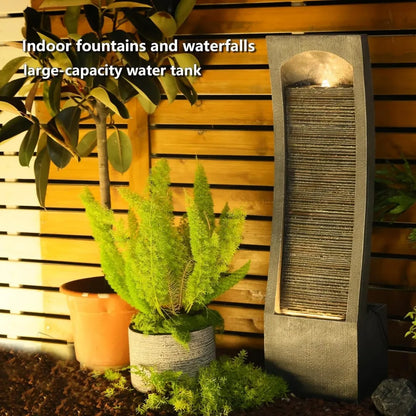 Modern Indoor Curved Faux Slate Waterfall Fountain with LED Lighting,